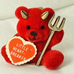 Vintage Lapel Hat Pinback Red Valentine Bear Pitch Fork Devil Horns Heart Hot